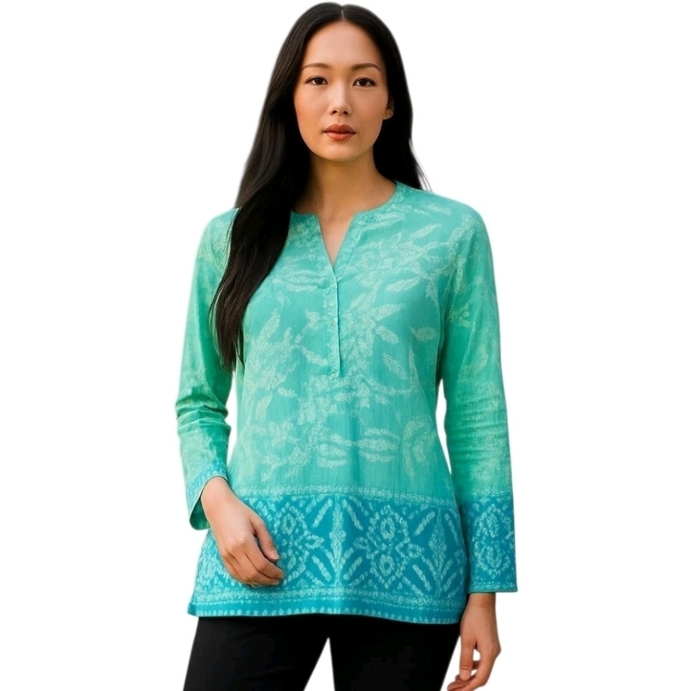 Jones New York Popover Split Neck Sparkly Buttons Long Sleeve Blouse Size Small